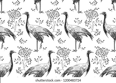 Seamless pattern with birds cranes and branches. Vector illustration art. Vintage engraving. Black bird figures on a white background. Template for design of paper, textiles, wallpaper.