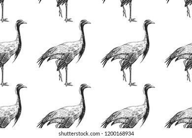 Seamless pattern with birds cranes. Vector illustration art. Vintage engraving. Black bird figures on a white background. Template for design of paper, textiles, wallpaper.
