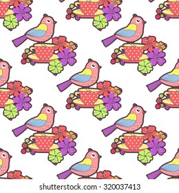 Seamless pattern with birds, cup and flowers on a white background
