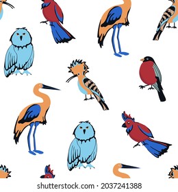 seamless pattern with birds. Cute cartoon colorful characters. Natural vector background. 