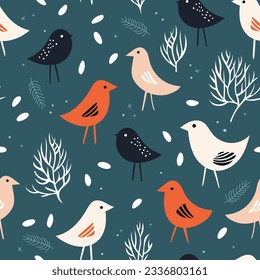 Seamless pattern  with birds. Cute birds, white floral ornament on blue background. Vector hand drawn illustration, garden in japanese style.