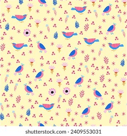 Seamless pattern with birds. Decorative flowers. Pattern with stylized birds. Vector, Flat style.