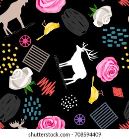 Seamless pattern with birds, deers and roses on black background

