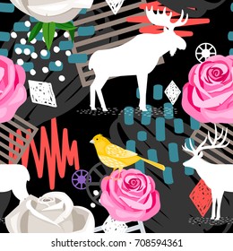 Seamless pattern with birds, deers,elks and roses on black background
