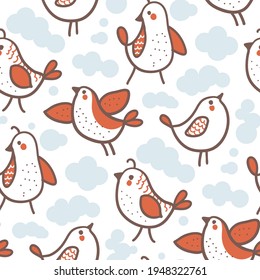 Seamless pattern with birds  in doodle style. Vector illustration. 