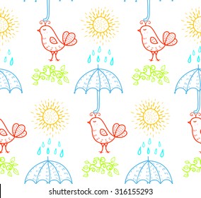 Seamless pattern with birds  in doodle style. Vector illustration. 