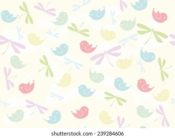Seamless pattern with birds and dragonflies