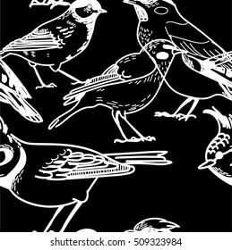 Seamless pattern with birds. Drawing by hand in vintage style. Children's drawing. Stylish background in Scandinavian style.