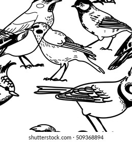 Seamless pattern with birds. Drawing by hand in vintage style. Children's drawing. Stylish background in Scandinavian style.