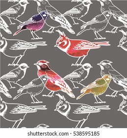 Seamless pattern with birds. Drawing by hand in vintage style. Children's drawing. Stylish background in Scandinavian style.