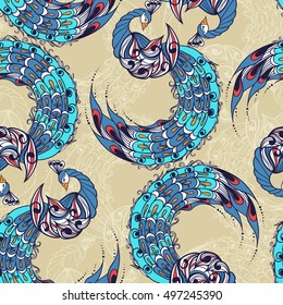 Seamless pattern with the birds. Drawing of mythical swan. Vector illustration.