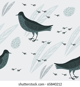 seamless pattern with birds, eggs and feathers