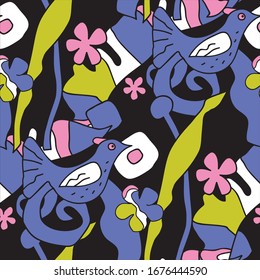 Seamless pattern of birds and exotic plants, flowers, leaves