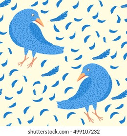 Seamless pattern with birds and feathers. Cartoon style.