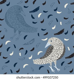 Seamless pattern with birds and feathers. Cartoon style.