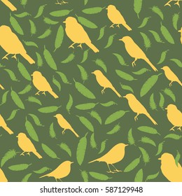 seamless pattern with birds and feathers. colored silhouettes of birds and feathers