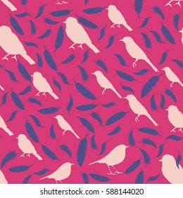 seamless pattern with birds and feathers. colored silhouettes of birds and feathers