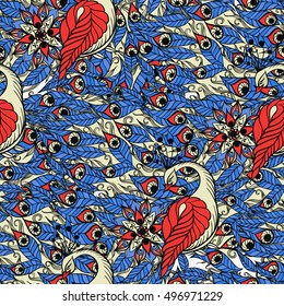 Seamless pattern with birds and feathers. Drawing of mythical swan. Vector illustration.