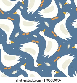 Seamless pattern, birds, feathers, hand drawn overlapping backdrop. Colorful background vector. Cute illustration, geese. Decorative wallpaper, good for printing