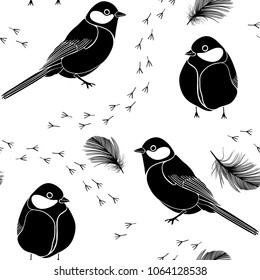 Seamless pattern with birds, feathers and traces on a white background. Black and white vector illustration.