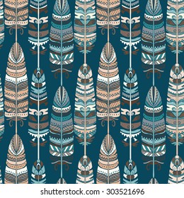 Seamless pattern with birds feathers. Tribal art animal background texture,  boho, vintage  print. Cloth design, wallpaper, wrapping