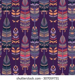 Seamless pattern with birds feathers. Tribal art animal background texture,  boho, vintage  print. Cloth design, wallpaper, wrapping