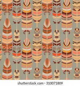 Seamless pattern with birds feathers. Tribal art animal background texture,  boho, vintage  print. Cloth design, wallpaper, wrapping