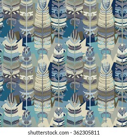 Seamless pattern with birds feathers. Tribal art animal background texture,  boho, vintage  print. Cloth design, wallpaper, wrapping