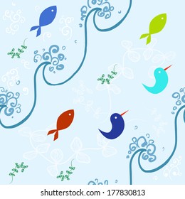 seamless pattern with birds and fishes