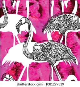 Seamless pattern with birds. Flamingo. Bright, summer, ethnic. Meditative coloring. Mandala, dudling drawing. Drawing from the hand. Points, stripes, arrows, flowers.