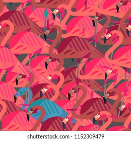 Seamless pattern with birds flamingos