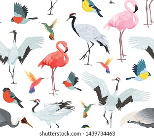 Seamless pattern with birds. Flamingos, cranes, hummingbirds, chickadees and bullfinches