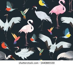 Seamless pattern with birds. Flamingos, cranes, hummingbirds, chickadees and bullfinches