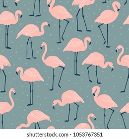 Seamless pattern with birds. A flock of pink flamingos. Can be used on packaging paper, fabric, background for different images, etc.