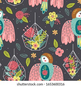 seamless pattern with birds and floral bouquets in terrariums  - vector illustration, eps    