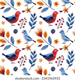 Seamless pattern birds and floral doodle. Watercolor hand drawn background birds and flowers.