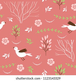 Seamless pattern with birds and  floral elements