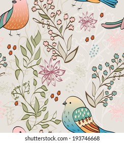 Seamless pattern with birds and floral elements
