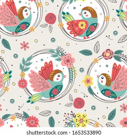 seamless pattern with birds in floral frames - vector illustration, eps    