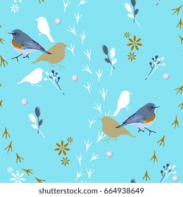 Seamless pattern with birds, floral motifs, dew drops and bird tracks. Blue background.