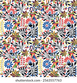 Seamless pattern with birds and floral ornament in the style of Mexican otomi embroidery