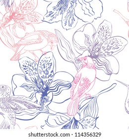 Seamless pattern with birds and flowers