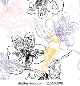 Seamless pattern with birds and flowers