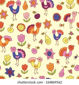 Seamless pattern with birds and flowers
