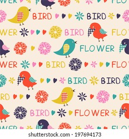 Seamless pattern of birds and flowers 