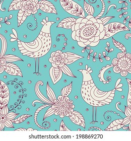 Seamless pattern with birds and flowers.
