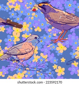 Seamless pattern with birds and flowers