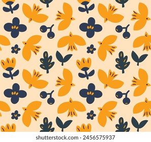 Seamless pattern with birds and flowers