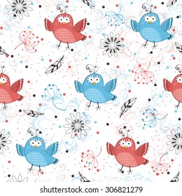 Seamless pattern with birds and flowers. 