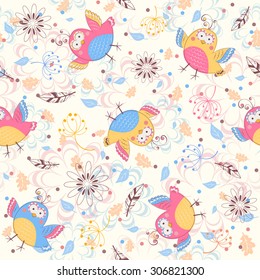 Seamless pattern with birds and flowers.